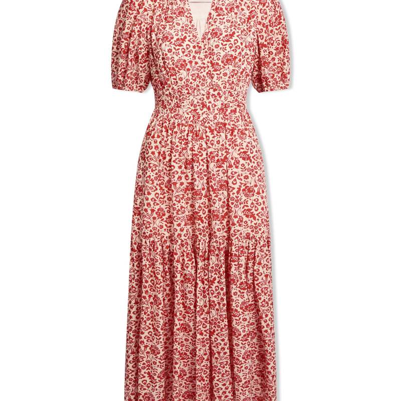 Olive Cotton Blend Midi Dress - Red Mono Floral Print