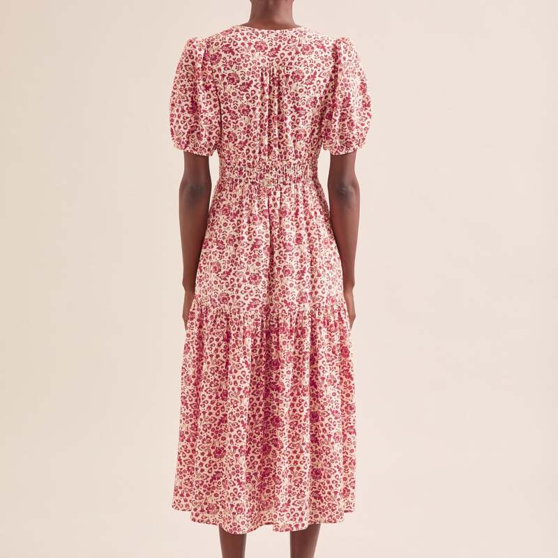 Olive Cotton Blend Midi Dress - Red Mono Floral Print