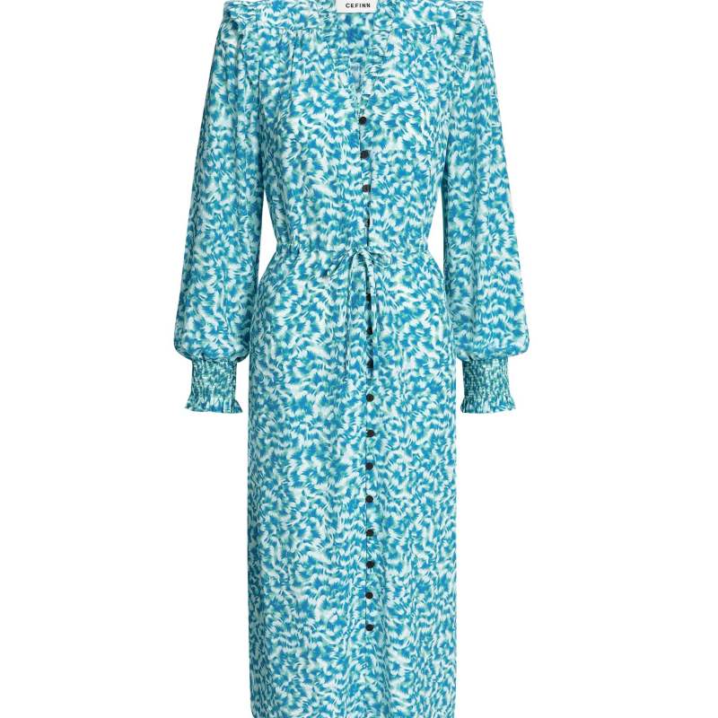 Stella Silk Midi Dress - Blue Green Feather Print