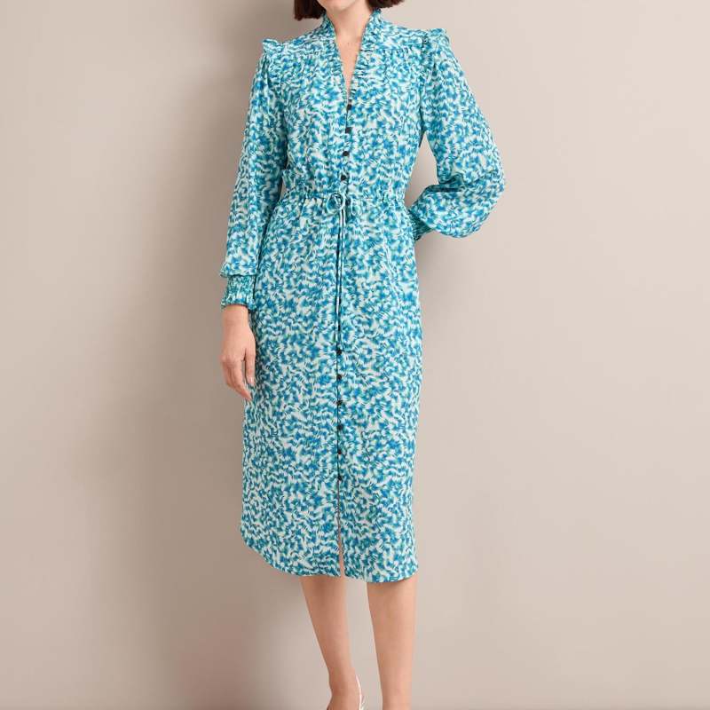 Stella Silk Midi Dress - Blue Green Feather Print