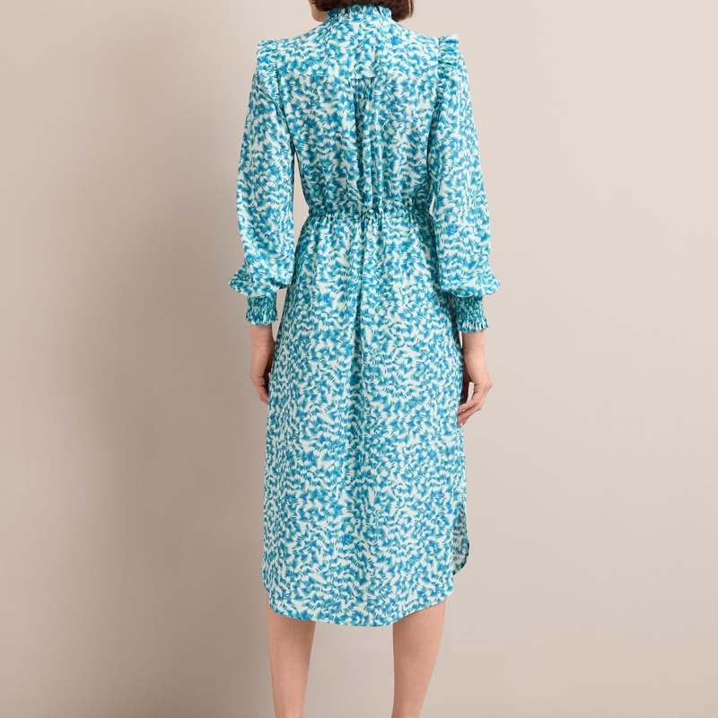 Stella Silk Midi Dress - Blue Green Feather Print
