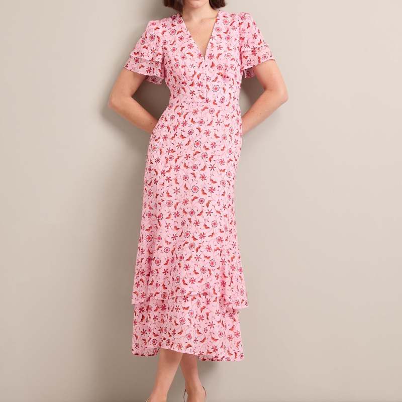 Lotta Gold Metallic Fil Coupé Maxi Dress - Pink Floral Trellis Print
