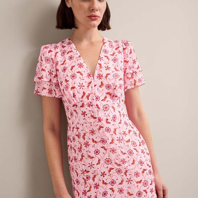 Lotta Gold Metallic Fil Coupé Maxi Dress - Pink Floral Trellis Print