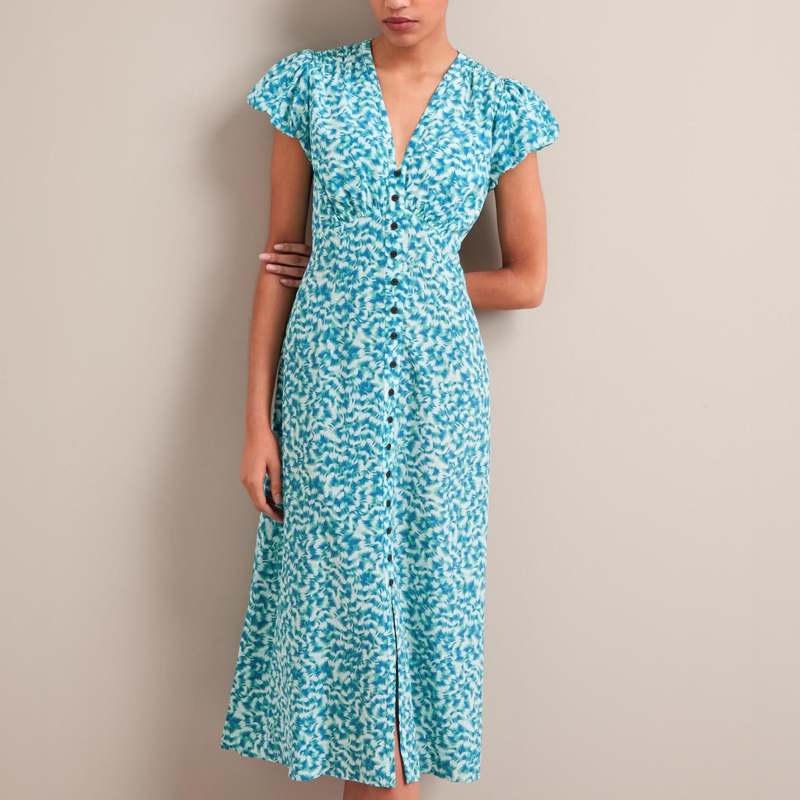 Leila Silk Maxi Dress - Blue Green Feather Print