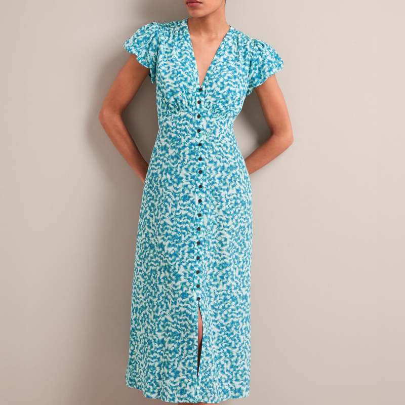 Leila Silk Maxi Dress - Blue Green Feather Print