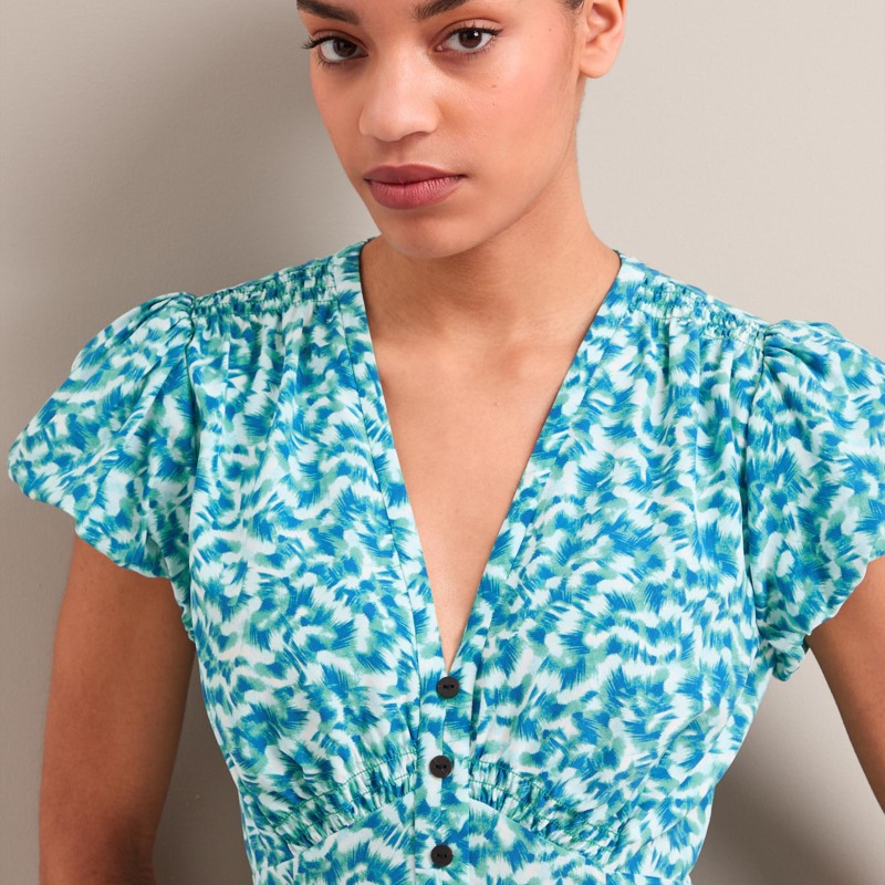 Leila Silk Maxi Dress - Blue Green Feather Print