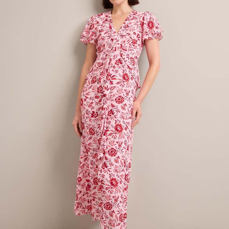 Vivienne Cotton Blend Maxi Dress - Pink Palm Floral Print