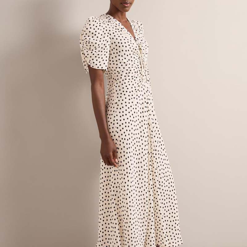 Ophelia Bias Cut Maxi Dress - Ecru Black Polka Dot Print