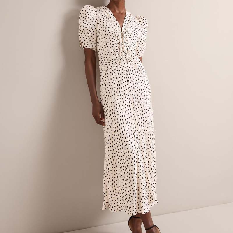 Ophelia Bias Cut Maxi Dress - Ecru Black Polka Dot Print