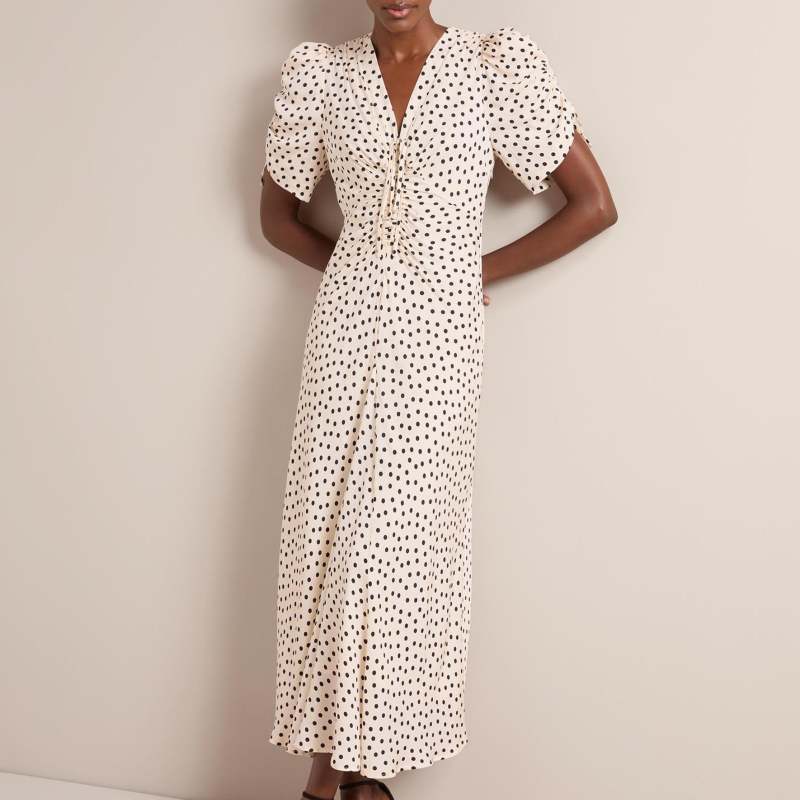 Ophelia Bias Cut Maxi Dress - Ecru Black Polka Dot Print