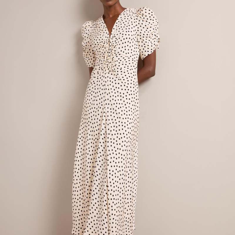 Ophelia Bias Cut Maxi Dress - Ecru Black Polka Dot Print