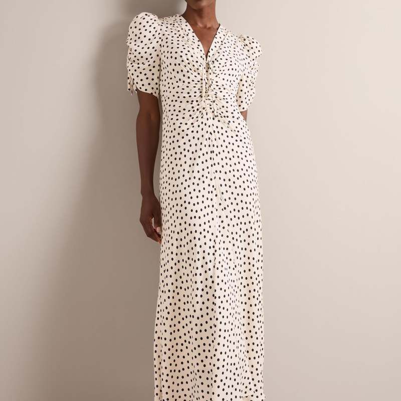 Ophelia Bias Cut Maxi Dress - Ecru Black Polka Dot Print