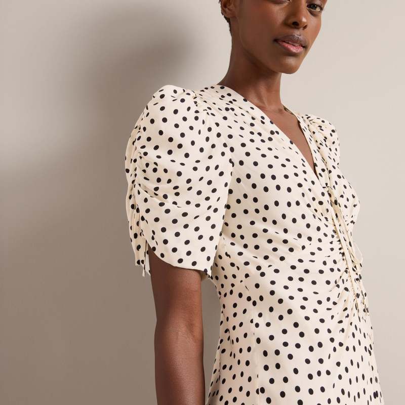 Ophelia Bias Cut Maxi Dress - Ecru Black Polka Dot Print