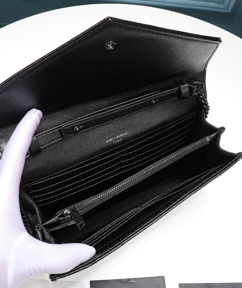 Saint Laurent Chain-strap YSL-plaque grained-leather wallet