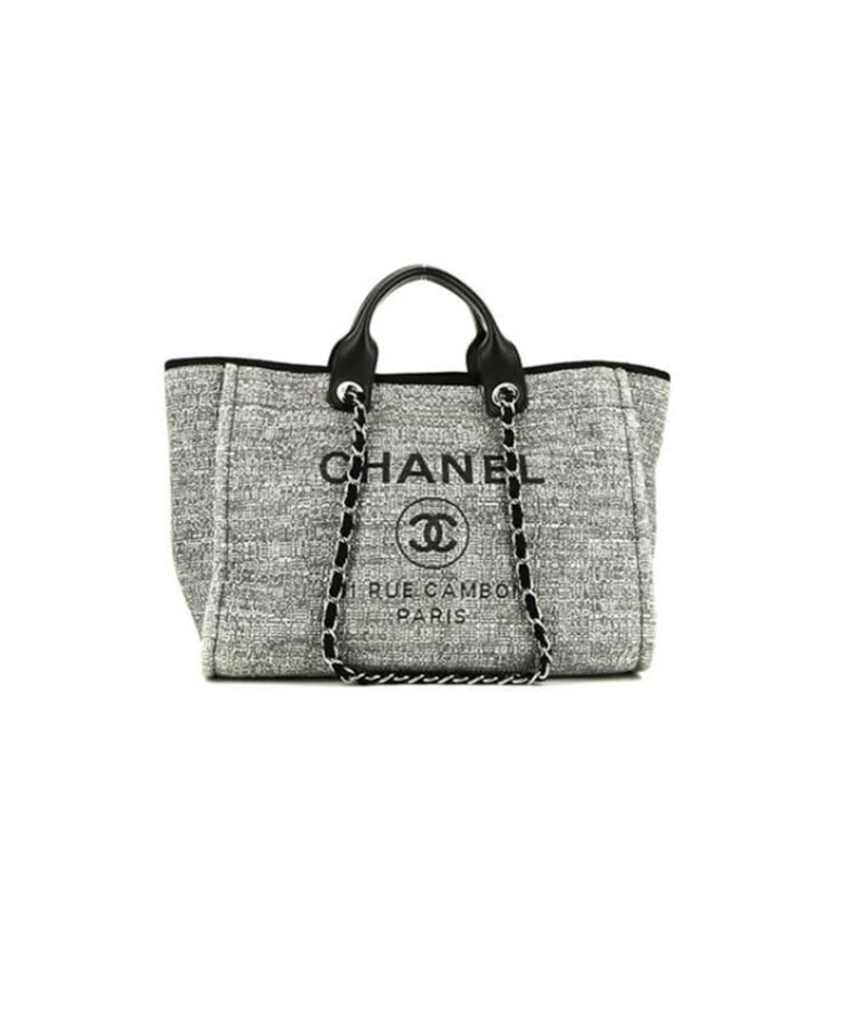 CHANEL Woven Straw Raffia Striped Medium Deauville Tote