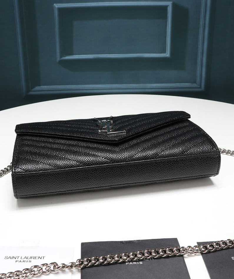 Saint Laurent Chain-strap YSL-plaque grained-leather wallet