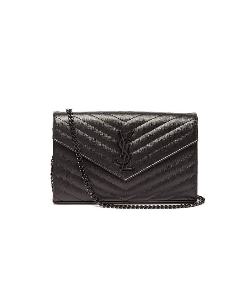 Saint Laurent Chain-strap YSL-plaque grained-leather wallet