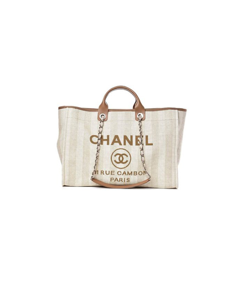 CHANEL Woven Straw Raffia Striped Medium Deauville Tote