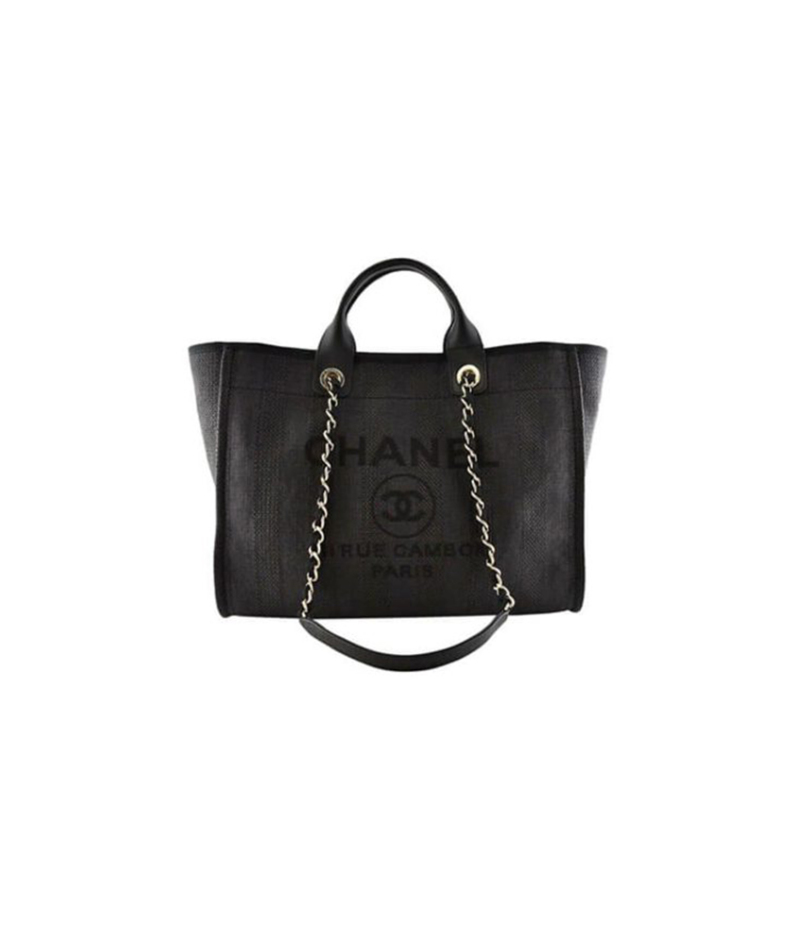 CHANEL Woven Straw Raffia Striped Medium Deauville Tote