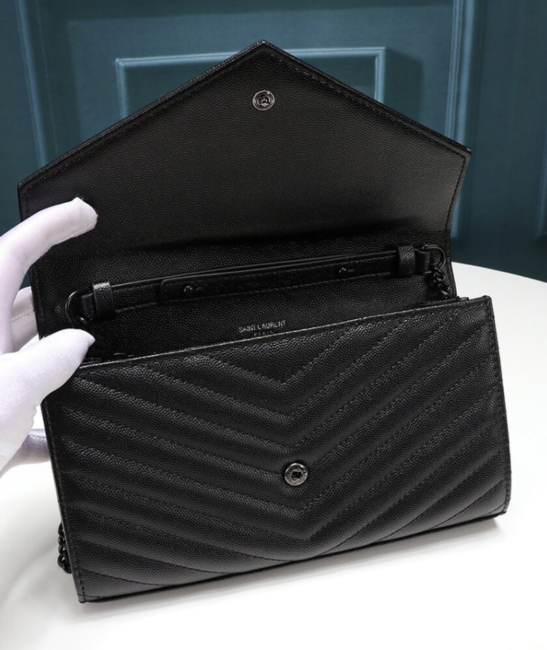 Saint Laurent Chain-strap YSL-plaque grained-leather wallet
