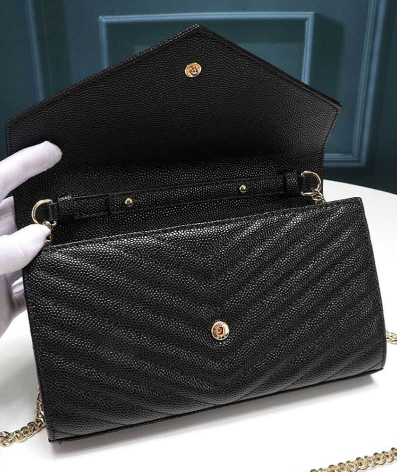 Saint Laurent Chain-strap YSL-plaque grained-leather wallet