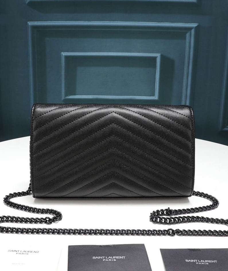 Saint Laurent Chain-strap YSL-plaque grained-leather wallet
