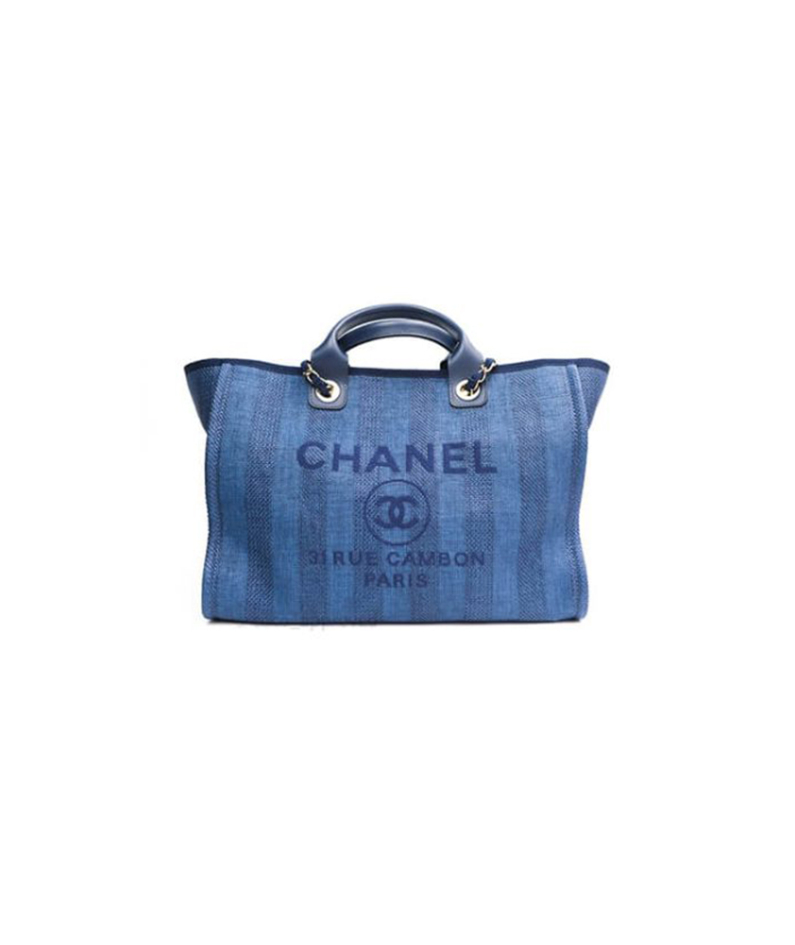 CHANEL Woven Straw Raffia Striped Medium Deauville Tote