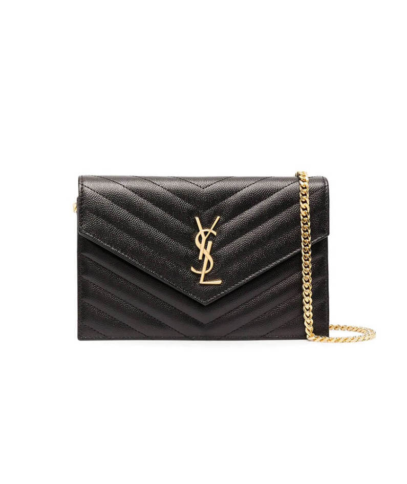 Saint Laurent Chain-strap YSL-plaque grained-leather wallet