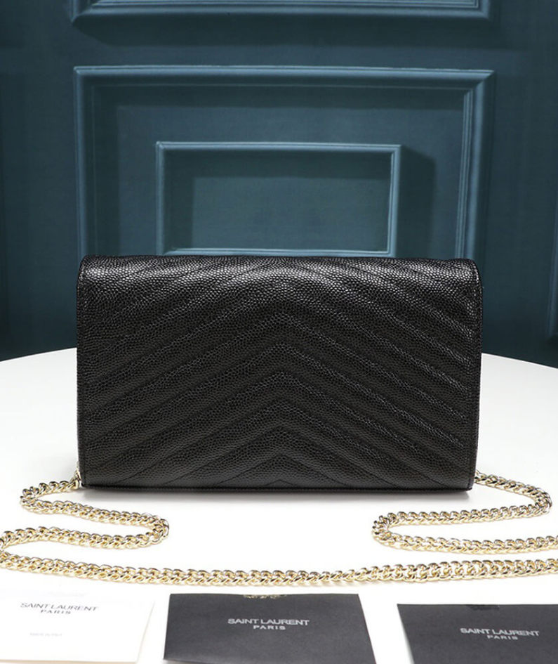 Saint Laurent Chain-strap YSL-plaque grained-leather wallet