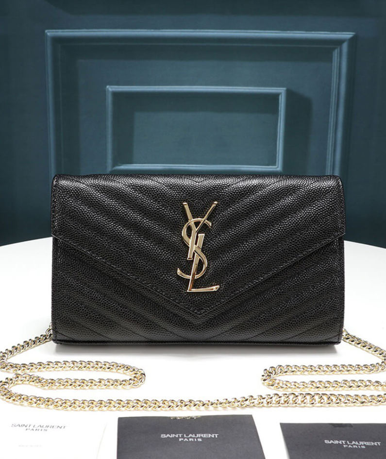 Saint Laurent Chain-strap YSL-plaque grained-leather wallet