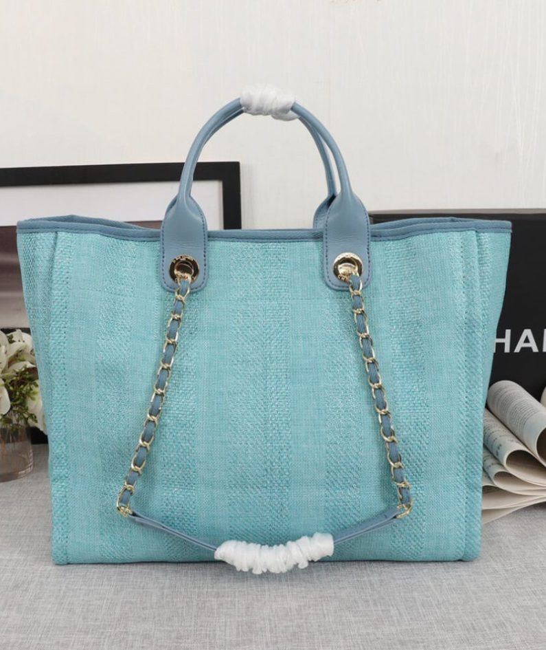 CHANEL Woven Straw Raffia Striped Medium Deauville Tote