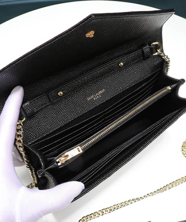 Saint Laurent Chain-strap YSL-plaque grained-leather wallet