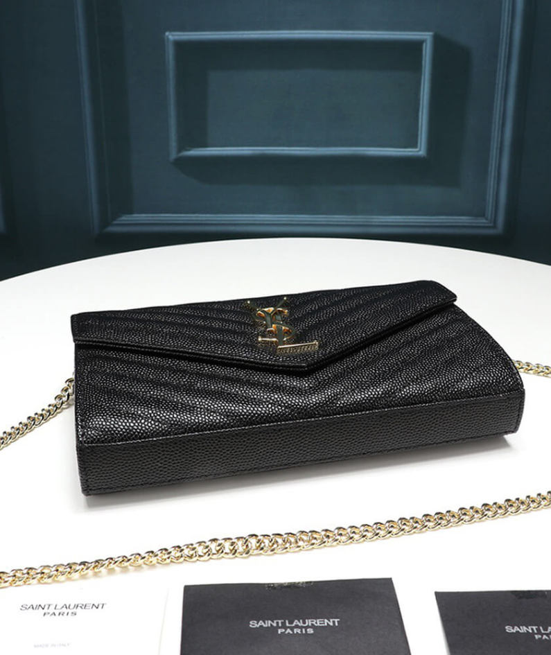 Saint Laurent Chain-strap YSL-plaque grained-leather wallet