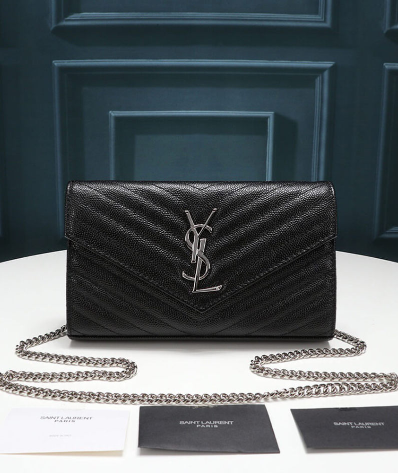 Saint Laurent Chain-strap YSL-plaque grained-leather wallet