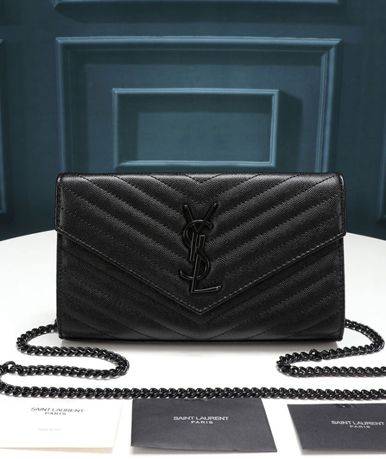 Saint Laurent Chain-strap YSL-plaque grained-leather wallet