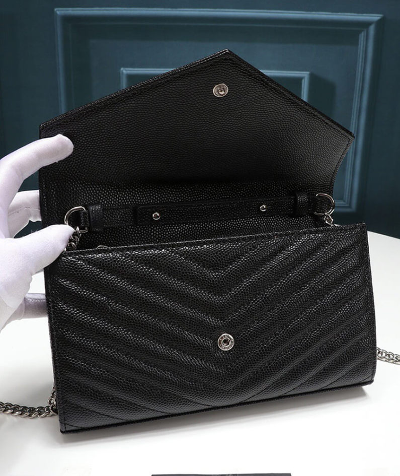 Saint Laurent Chain-strap YSL-plaque grained-leather wallet