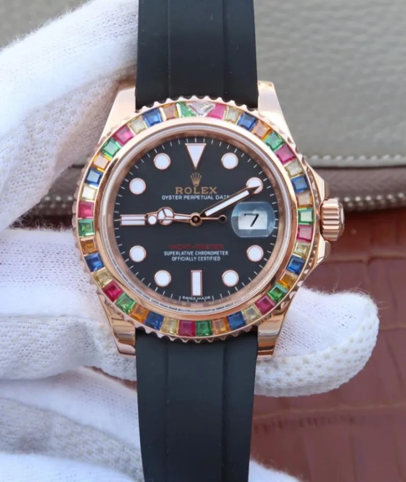 YACHT MASTER 1 GOLDEN DIAMOND BEZEL BLACK DIAL RUBBER STRAP 40MM 116695SATS