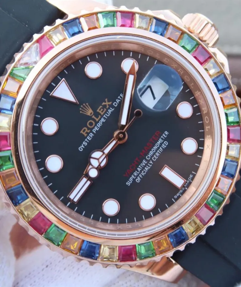 YACHT MASTER 1 GOLDEN DIAMOND BEZEL BLACK DIAL RUBBER STRAP 40MM 116695SATS