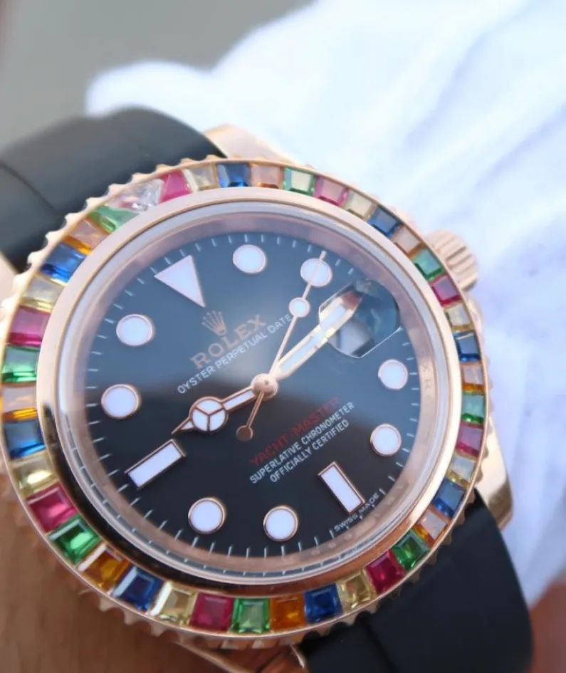 YACHT MASTER 1 GOLDEN DIAMOND BEZEL BLACK DIAL RUBBER STRAP 40MM 116695SATS