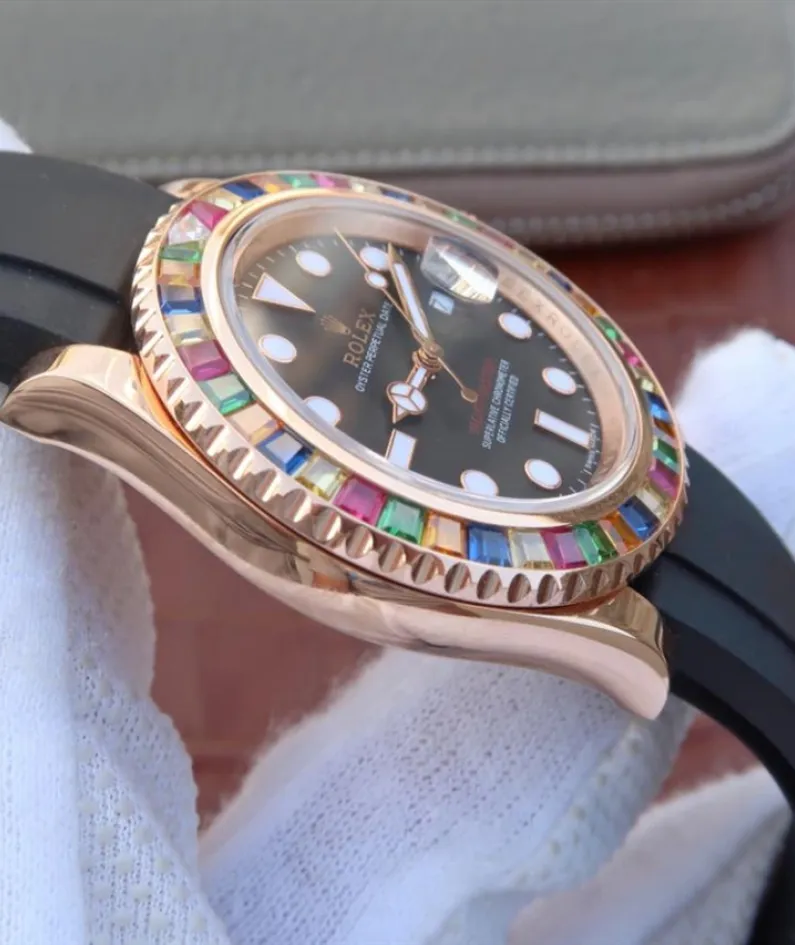 YACHT MASTER 1 GOLDEN DIAMOND BEZEL BLACK DIAL RUBBER STRAP 40MM 116695SATS