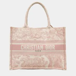 Medium Dior Book Tote Ecru and Pink Toile de Jouy Embroidery