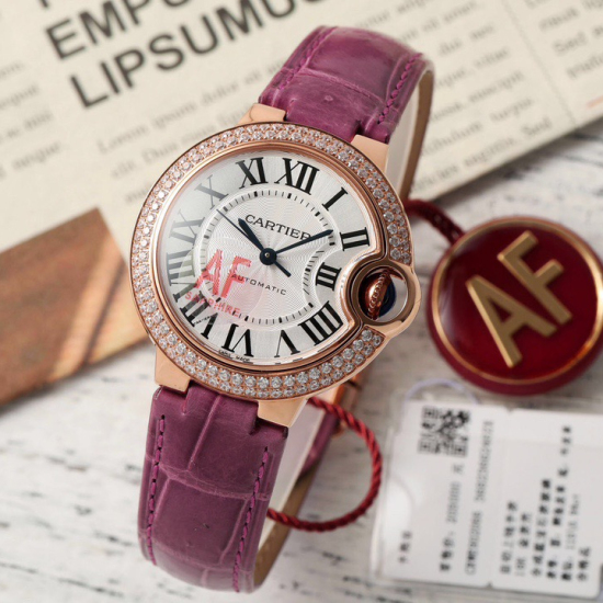 Cartier Ballon Bleu NH05 Automatic Rose Gold Women's Watch 33mm - AF Factory, Double Diamonds, Purple Leather Cartier Ballon Bleu NH05 Automatic Rose Gold Women's Watch 33mm - AF Factory, Double Diamonds, Purple Leather