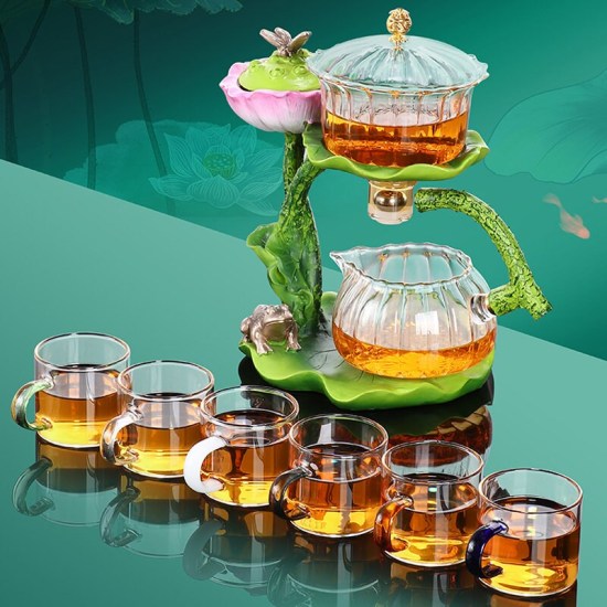 Automatic tea set | Glass tea set | Kung Fu tea set | Creative lotus leaf glass automatic tea set | Tea party tea set