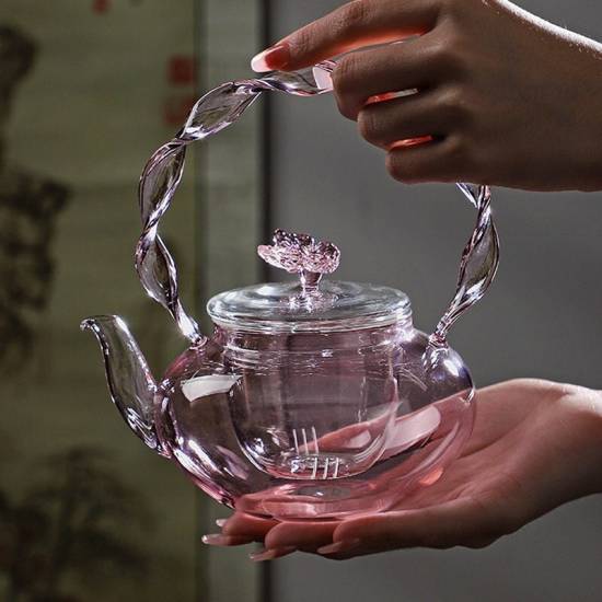 Glass teapot | tea water separation handle pot | creative pink butterfly button flower teapot | high temperature resistant teapot Glass teapot | tea water separation handle pot | creative pink butterfly button flower teapot | high temperature resistant teapot
