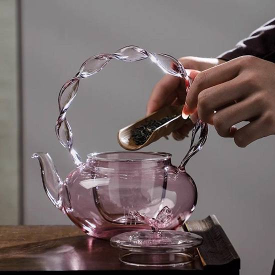 Glass teapot | tea water separation handle pot | creative pink butterfly button flower teapot | high temperature resistant teapot Glass teapot | tea water separation handle pot | creative pink butterfly button flower teapot | high temperature resistant teapot