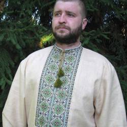 Ukrainian hand embroidered shirt for men Beige green linen shirt Colorful ethnic cross stitch embroidery Slavic costume Christmas gift