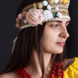 Ukrainian headband for women Colorful ethnic head crown with flowers & beige pom poms Traditional folk head wreath Easter gift