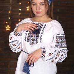Ukrainian embroidered blouse for women Slavic blue & olive embroidery White ethnic wedding costume Folk outfit for lady Easter gift