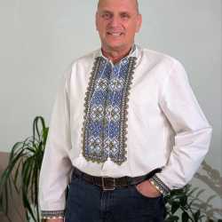 Ukrainian hand embroidered cotton shirt for men Ethnic cross stitch blue yellow embroidery White slavic wedding costume Easter gift