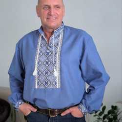 Ukrainian hand embroidered shirt for men Ethnic cross stitch blue & white embroidery Slavic wedding costume Easter gift